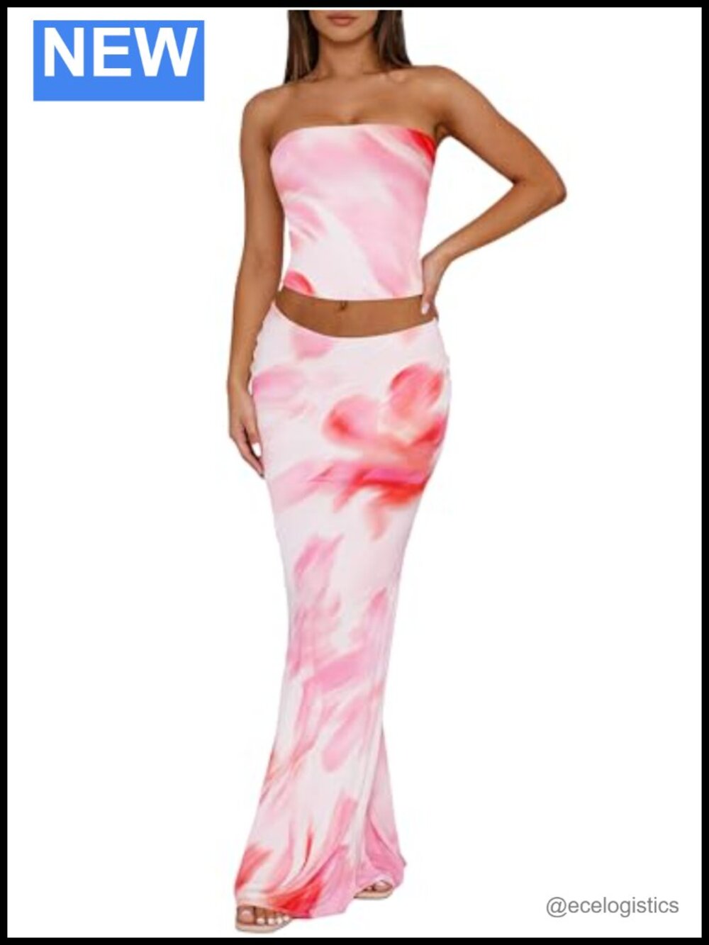 Women's Two Piece Skirt Set Strapless Floral Bodycon Maxi Y2k Summer Beach